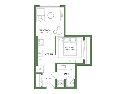 A floor plan of a small apartment with a kitchen, bathroom, and two bedrooms.